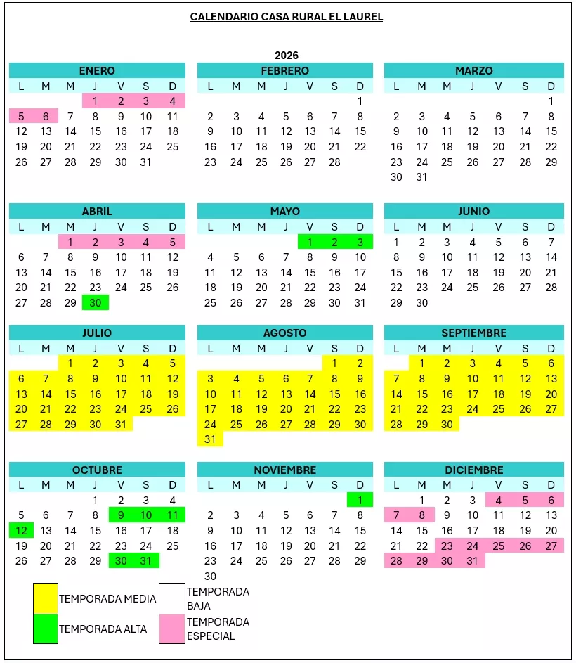 Calendario Casa Rural El Laurel